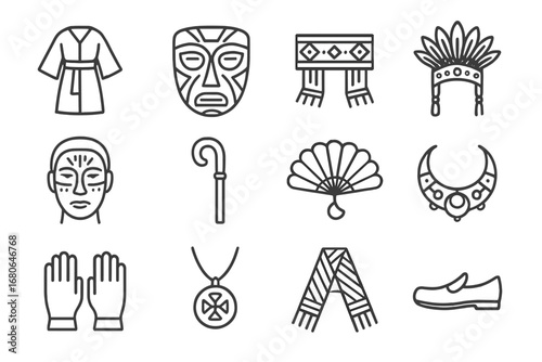Traditional Festival Icons. Outline icon set of traditional festival wear and ritual uniforms: ceremonial