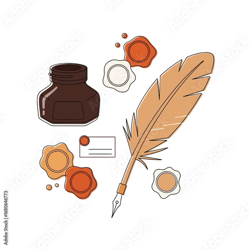 Vintage illustration of writing tools, including inkwell, quill pen, and wax seals