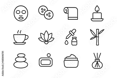 Spa Icon Set. Outline icon set of spa and wellness: face mask, cucumber slices, towel, candle, herbal tea,