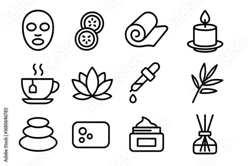 Spa Icon Set. Outline icon set of spa and wellness: face mask, cucumber slices, towel, candle, herbal tea,