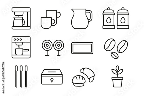 Portable Coffee Icons. Outline icon set of portable coffee station: coffee maker, cups, milk jug, sugar