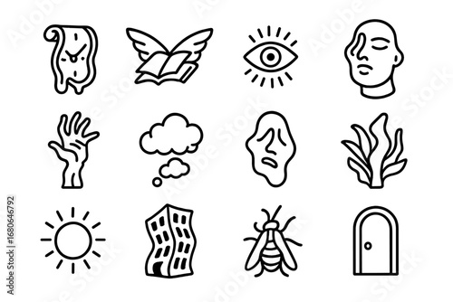 Surreal Icon Grid. Outline icon set of surreal marketing visuals: melting watches, flying books, floating eyes