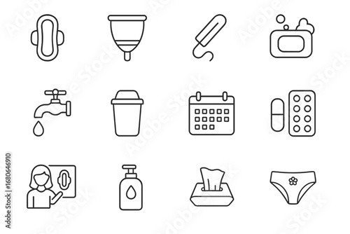 Menstrual Hygiene Icon Set. Outline icon set of menstrual hygiene management awareness: sanitary napkin,