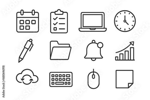 Desktop Scheduling Icons. Outline icon set of desktop content scheduling: digital calendar, checklist, laptop,