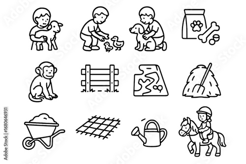 Kids and Farm Animals. Outline icon set of kids and farm animals interaction: child with lamb, feeding