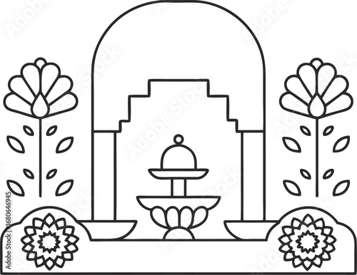 A line art illustration of an arched indian pavilion with flowers and a tiered fountain, for coloring book