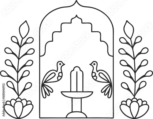 Elegant line art illustration featuring a mughal arch, birds, fountain, and lotus flowers, evoking a sense of serenity and beauty