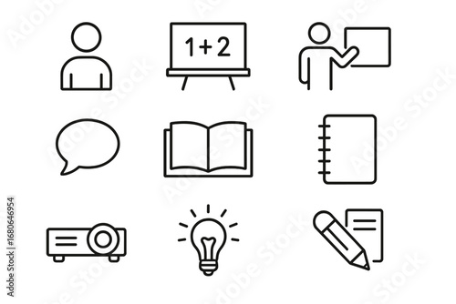 Academic Workshop Icons. Outline icon set of academic workshops: student, chalkboard, teacher, speech bubble,