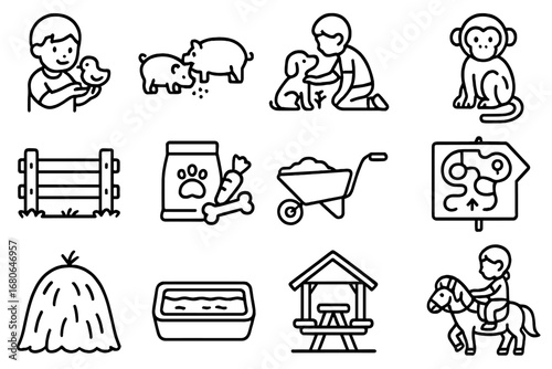 Animal Interaction Icons. Outline icon set of farm and zoo animal interactions for kids: child holding chick,