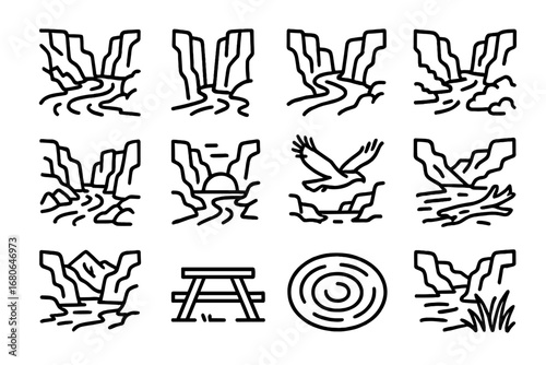 Canyon River Icon Set. Outline icon set of deep canyon river scenes: flowing stream, towering cliffs, river