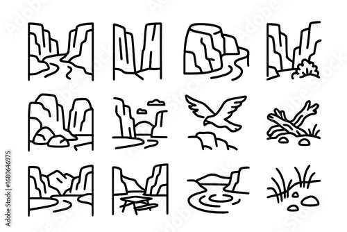 Canyon River Icon Set. Outline icon set of deep canyon river scenes: flowing stream, towering cliffs, river