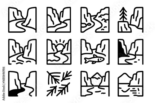 Canyon River Icon Set. Outline icon set of river flowing through canyon landscapes: river bend, steep cliffs,