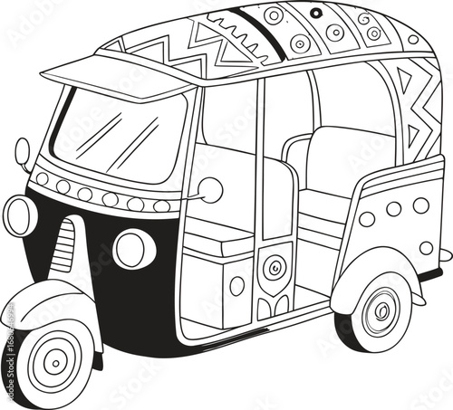Vibrant tuk tuk auto rickshaw illustration with colorful design elements on a clean white background
