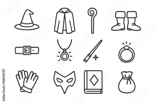 Wizard Attire Icons. Outline icon set of wizard attire: pointed hat, long cloak, staff, boots, belt, glowing
