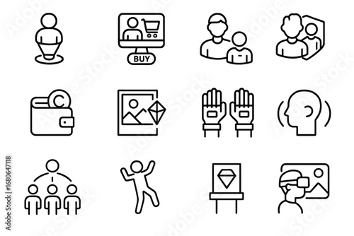 Metaverse Interaction Icons. Outline icon set of metaverse interactions: holograms, virtual marketplaces,