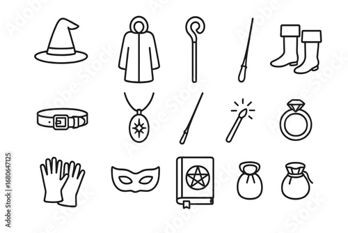Wizard Attire Icons. Outline icon set of wizard attire: pointed hat, long cloak, staff, boots, belt, glowing