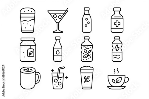 Modern Beverage Icons. Outline icon set of beverage trends: nitro coffee, craft cocktails, sparkling water,