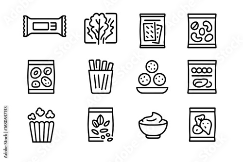 Trending Snack Icons. Outline icon set of snack food trends: protein bars, kale chips, seaweed snacks, nut