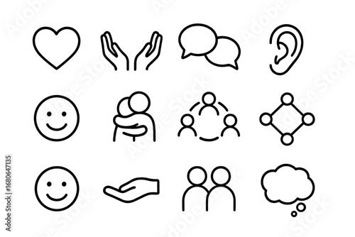 Empathy Icon Set. Outline icon set of empathy in communication: heart, open hands, conversation bubbles,