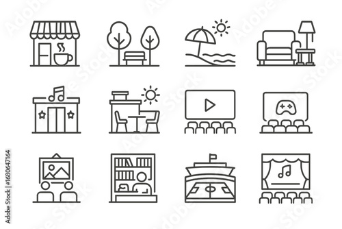 Virtual Hangout Icons. Outline icon set of virtual hangout spots: coffee shops, parks, beaches, lounges,