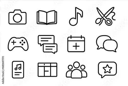 Online Hobby Icons. Outline icon set of online hobby groups: camera icons, book clubs, music notes, craft
