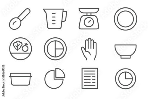 Portion Control Icons. Outline icon set of portion control: measuring spoon, measuring cup, kitchen scale,