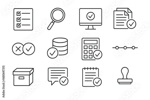 Fact-Checking Tools Icons. Outline icon set of fact-checking tools: checklist, magnifying glass, computer,