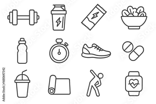 Fitness Icon Collection. Outline icon set of fitness and nutrition: dumbbell, protein shake, energy bar, salad