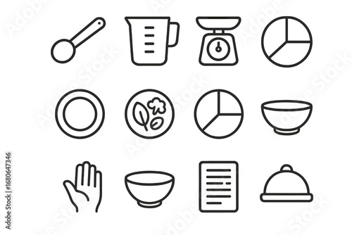 Portion Control Icons. Outline icon set of portion control: measuring spoon, measuring cup, kitchen scale,