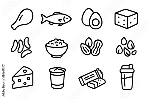 Protein Foods Icons. Outline icon set of protein-rich foods: chicken breast, fish, eggs, tofu, beans, lentils,