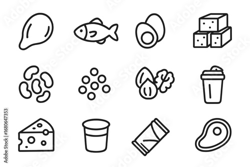 Protein Foods Icons. Outline icon set of protein-rich foods: chicken breast, fish, eggs, tofu, beans, lentils,