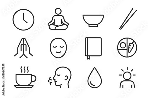 Mindful Eating Icons. Outline icon set of mindful eating: slow eating clock, meditation icon, bowl, chopsticks