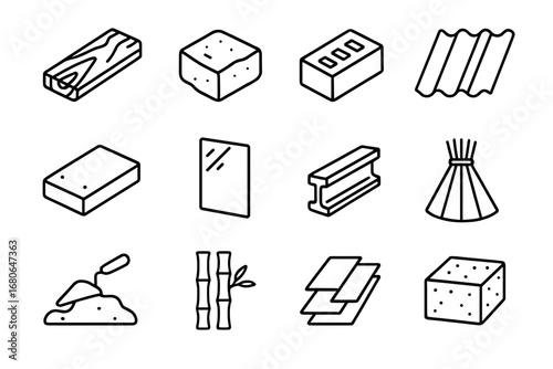Building Material Icons. Outline icon set of building materials: wood plank, stone block, brick, clay tile,