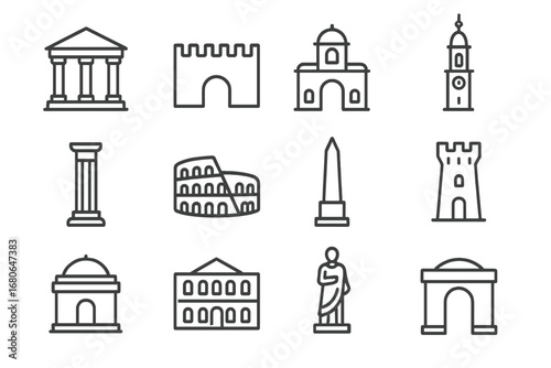 Historic Monument Icons. Outline icon set of historic monuments: ancient temple, fortress wall, city gate,