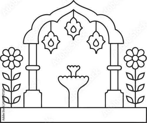 Line art illustration of a mughalinspired fountain and archway with floral accents, for coloring books or design projects