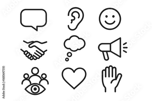 Empathy Icon Set. Outline icon set of empathy in communication: speech bubble, ear, smile, handshake, thought