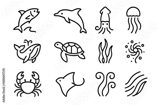 Ocean Creature Icons. Outline icon set of ocean creatures in motion: jumping fish, swimming dolphin, darting