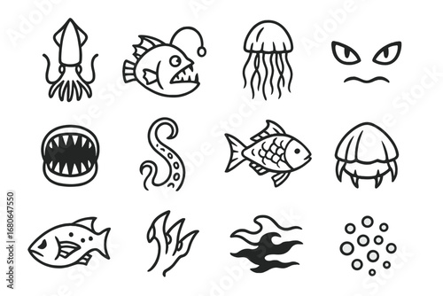 Mysterious Sea Creature Icons. Outline icon set of mysterious sea creatures: giant squid, angler fish,