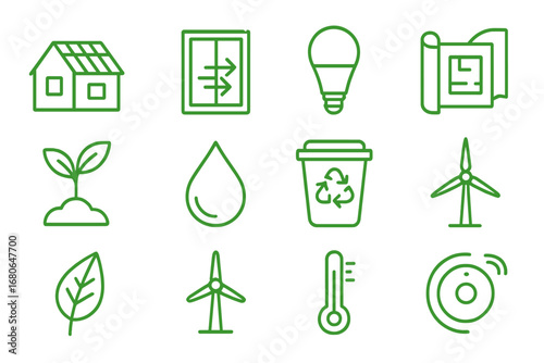 Green Building Icons. Outline icon set of green building design: house with solar panels, energy-efficient
