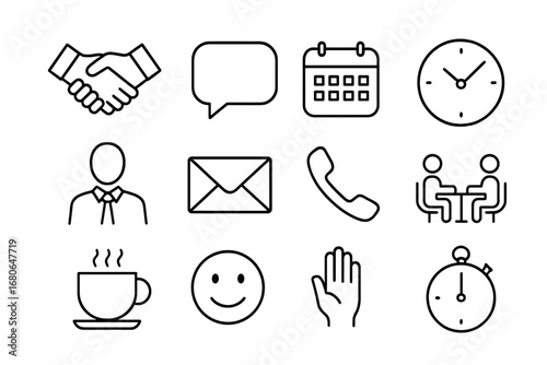 Office Etiquette Icons. Outline icon set of office etiquette: handshake, speech bubble, calendar, clock, dress
