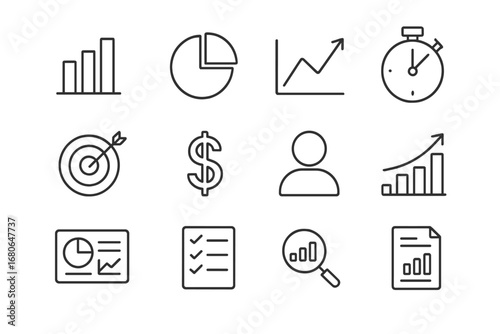 Startup Metrics Icons. Outline icon set of startup metrics and KPIs: bar chart, pie chart, line graph,