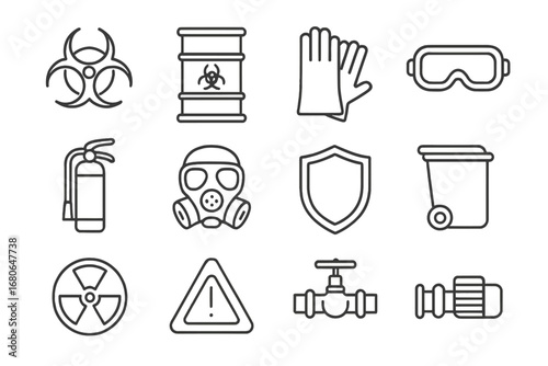 Hazardous Waste Icons. Outline icon set of hazardous waste management: biohazard sign, chemical barrel, gloves
