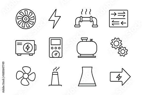 Energy Recovery Icons Set. Outline icon set of energy recovery: turbine, electricity bolt, steam pipe, heat