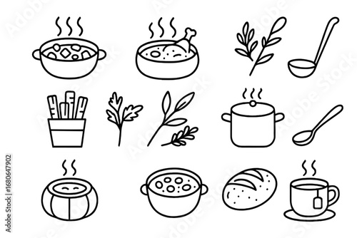Seasonal Soup Icons. Outline icon set of seasonal soups and stews: vegetable stew, chicken soup, bread bowl,