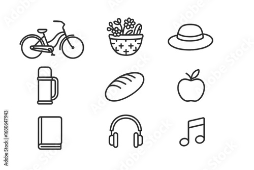 Leisure Cycling Icons. Outline icon set of leisure cycling: cruiser bike, basket with flowers, hat, picnic mat