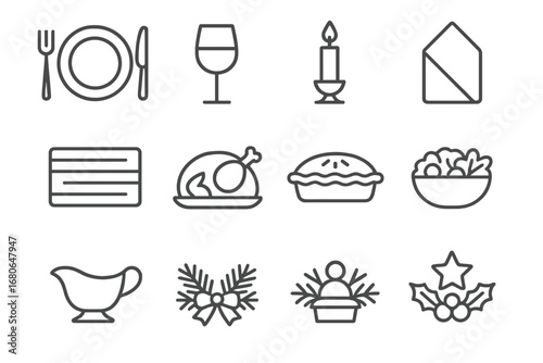 Holiday Meal Icons. Outline icon set of holiday meal settings: dinner plate, fork and knife, wine glass,