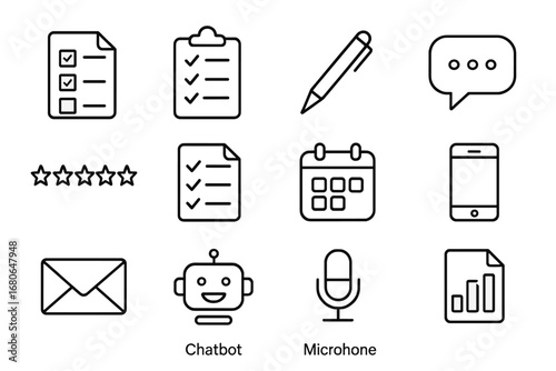 Feedback Tools Icons. Outline icon set of feedback collection tools: survey form, clipboard, pen, speech