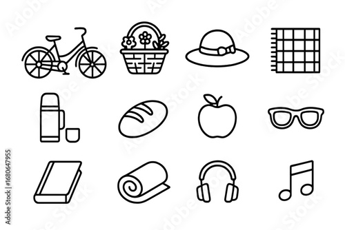 Leisure Cycling Icons. Outline icon set of leisure cycling: cruiser bike, basket with flowers, hat, picnic mat