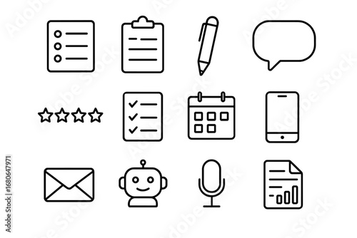 Feedback Tools Icons. Outline icon set of feedback collection tools: survey form, clipboard, pen, speech