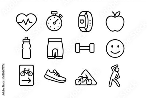 Healthy Lifestyle Icons. Outline icon set of healthy lifestyle cycling: heart, stopwatch, fitness tracker,